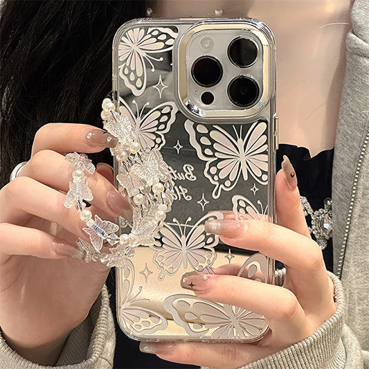 Butterfly mirror iphone 15 pro max case with pearl strap and clear design