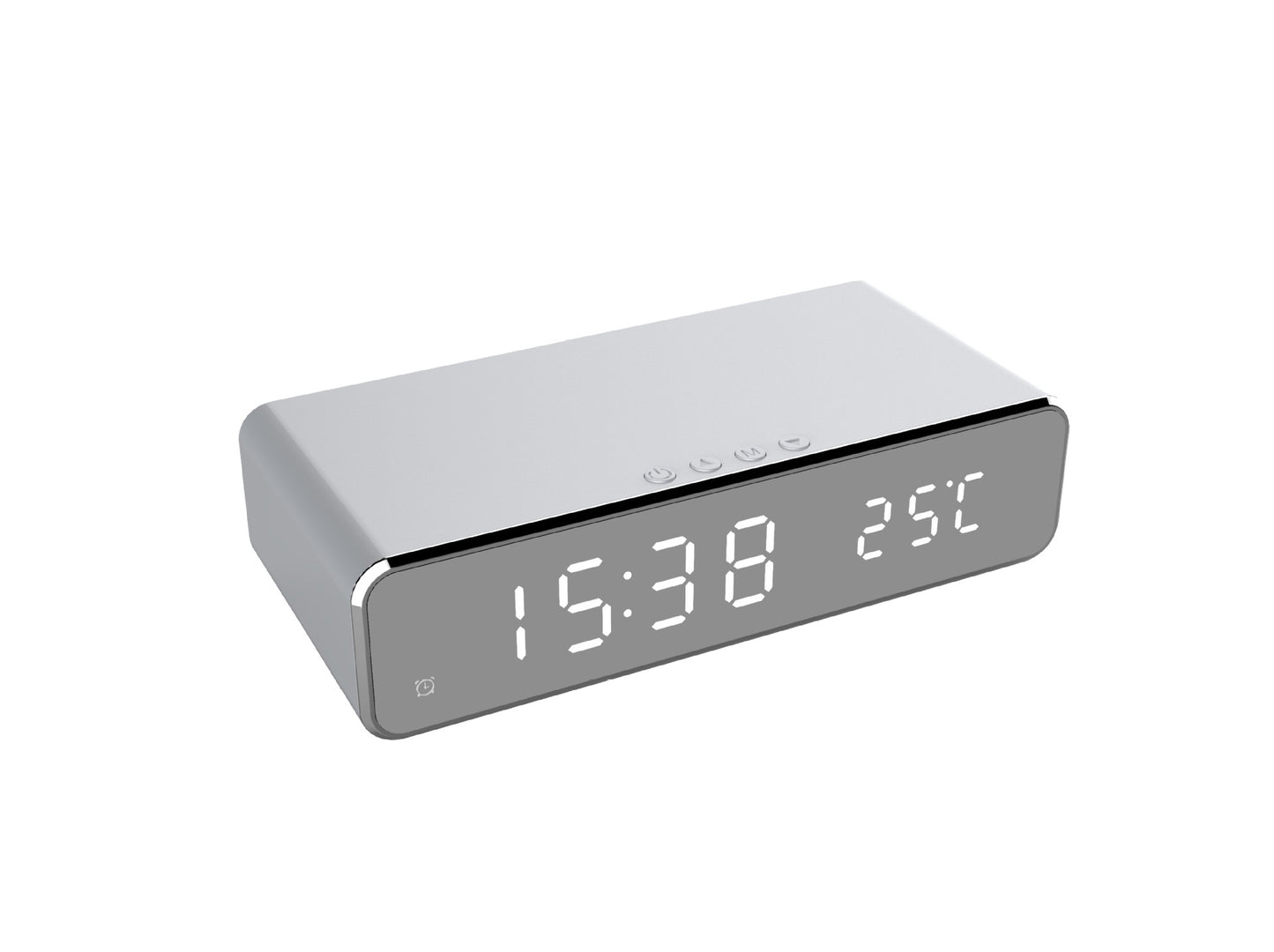 "led alarm clock with wireless charger and temperature display"