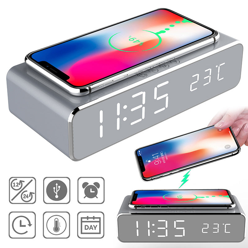 "led alarm clock with wireless charger and temperature display"