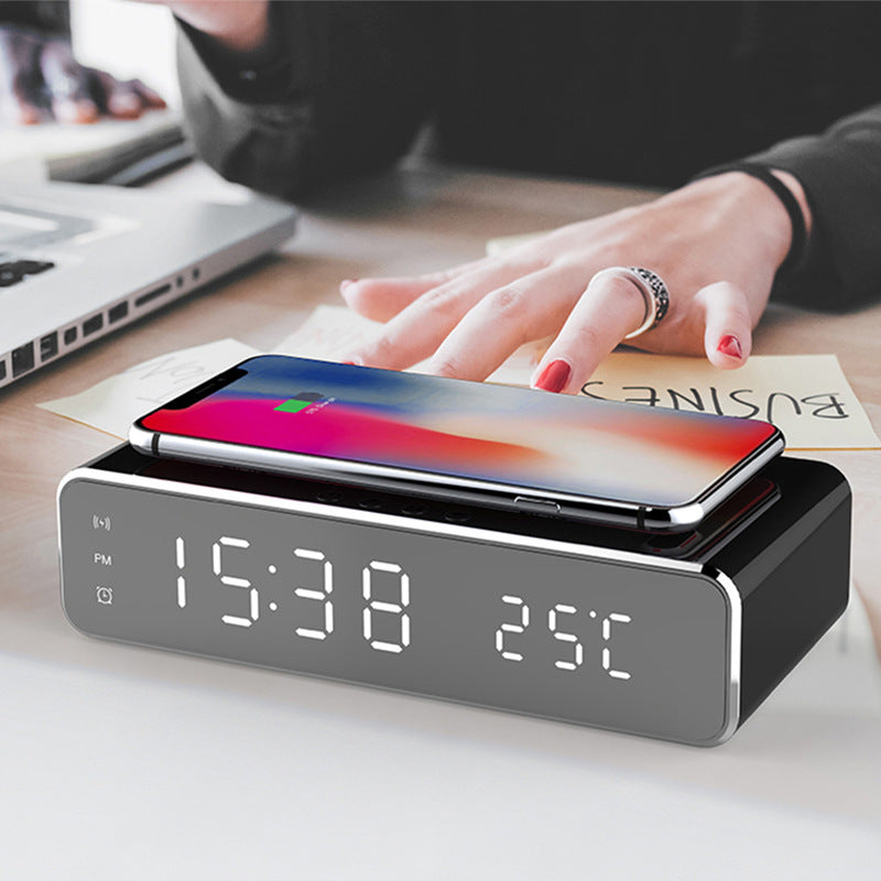 "led alarm clock with wireless charger and temperature display"