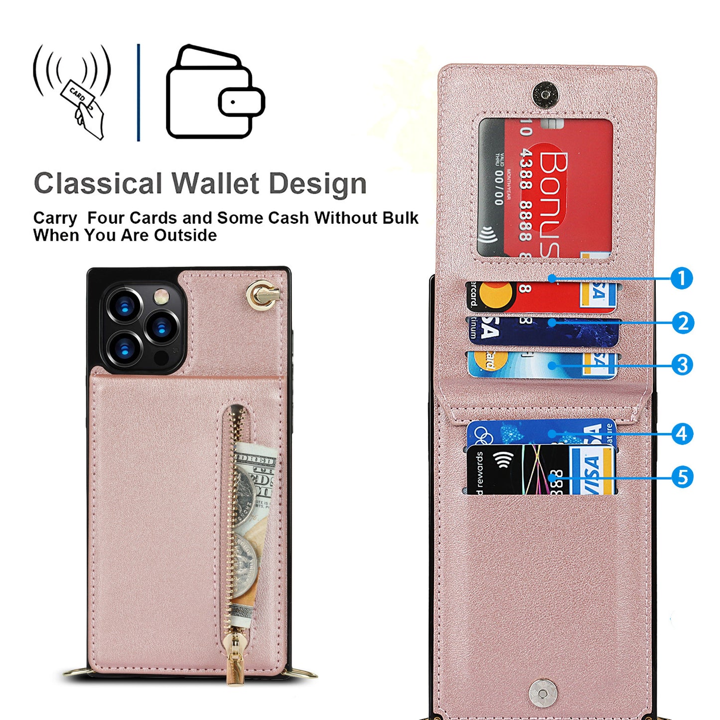 Crossbody phone case with zipper wallet and adjustable strap for convenience