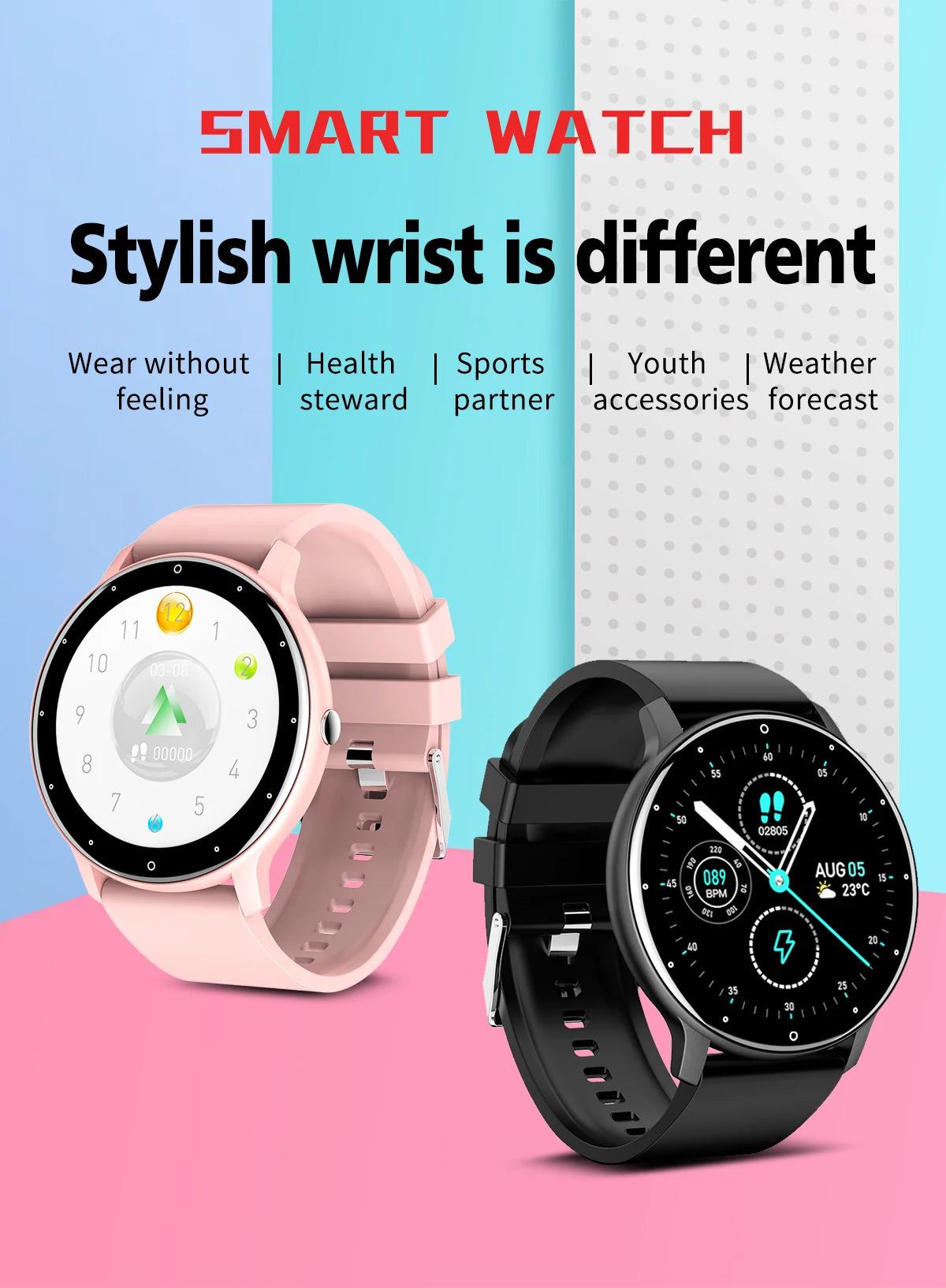 Rose gold waterproof smartwatch for women with fitness tracker and alerts