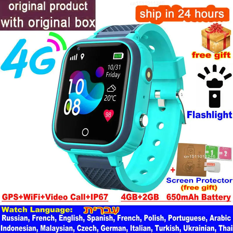 4G kids smartwatch with GPS, video call, SOS, waterproof, and camera