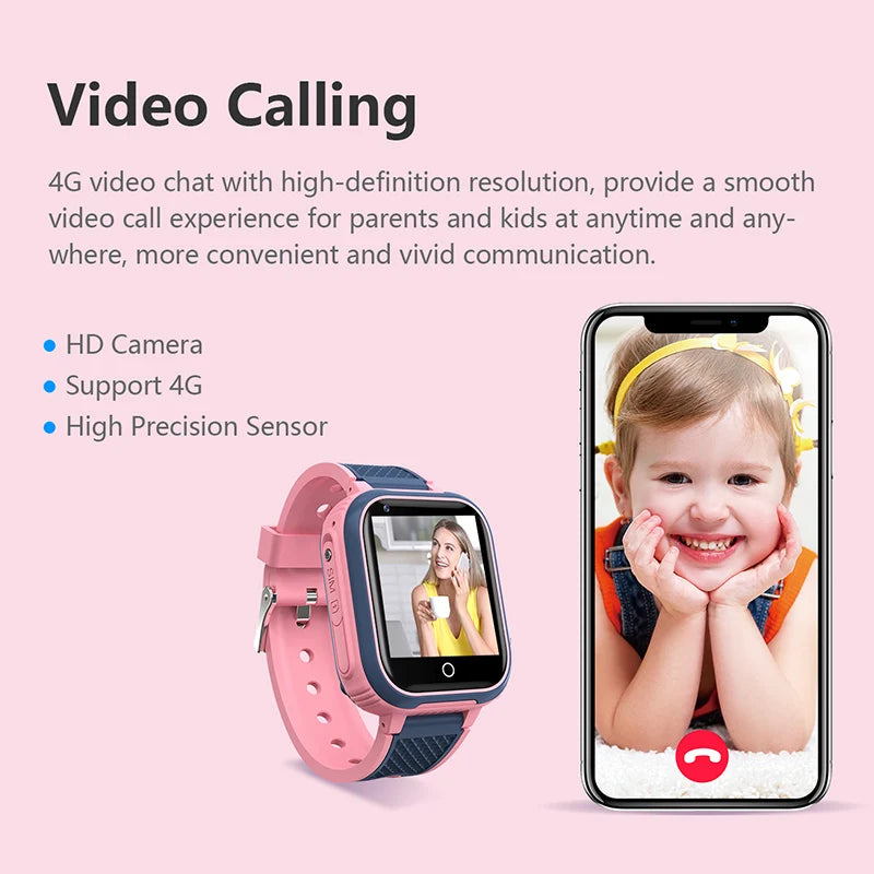 4G kids smartwatch with GPS, video call, SOS, waterproof, and camera