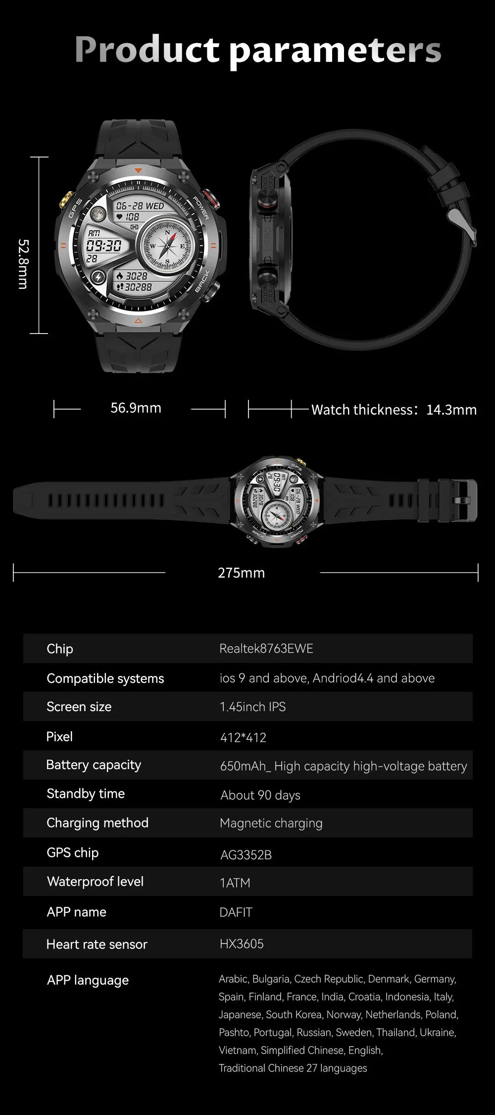 GPS smartwatch with 1.45" HD display, built-in GPS, compass, and calls