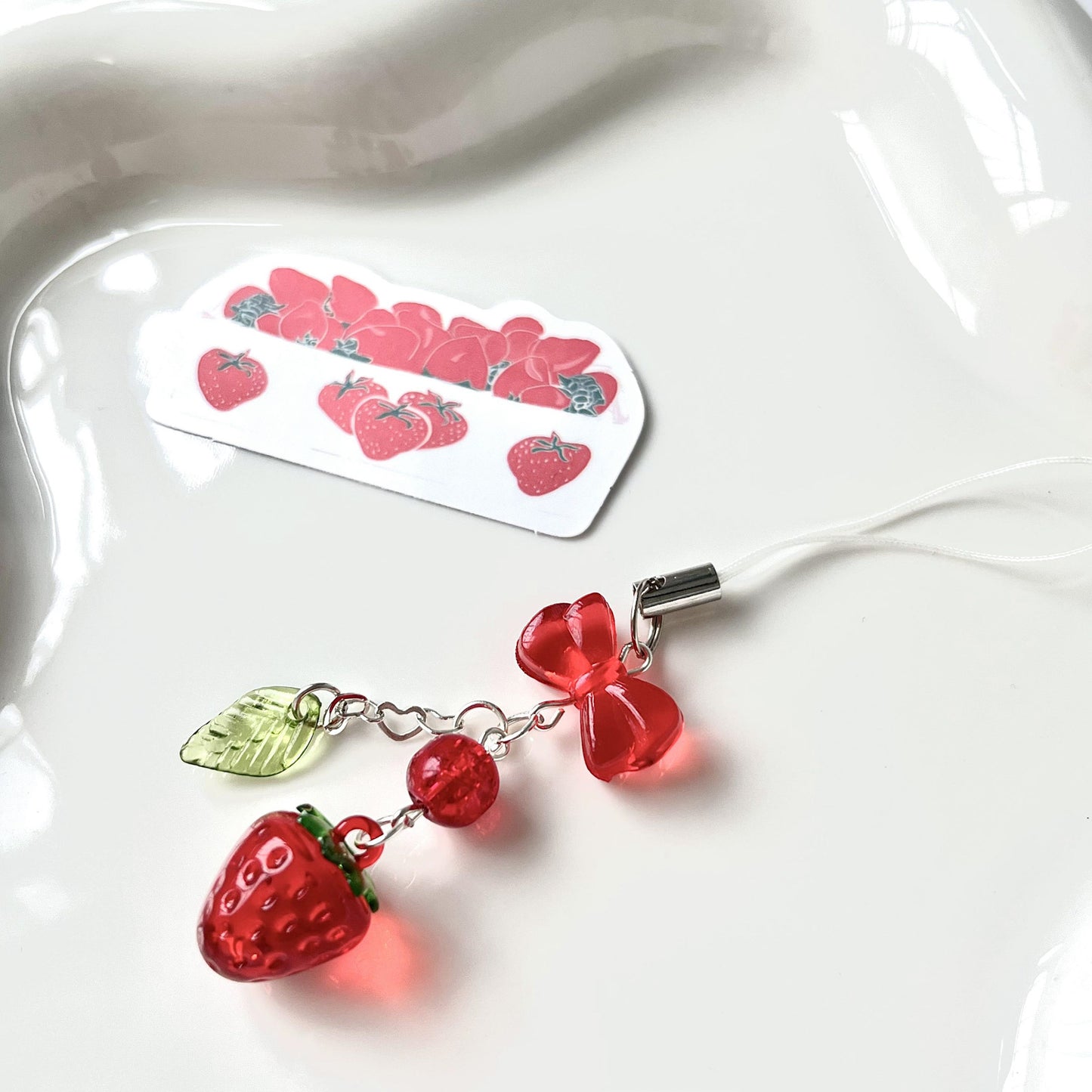 Pink cherry and strawberry phone charm lanyard for bags and airpods