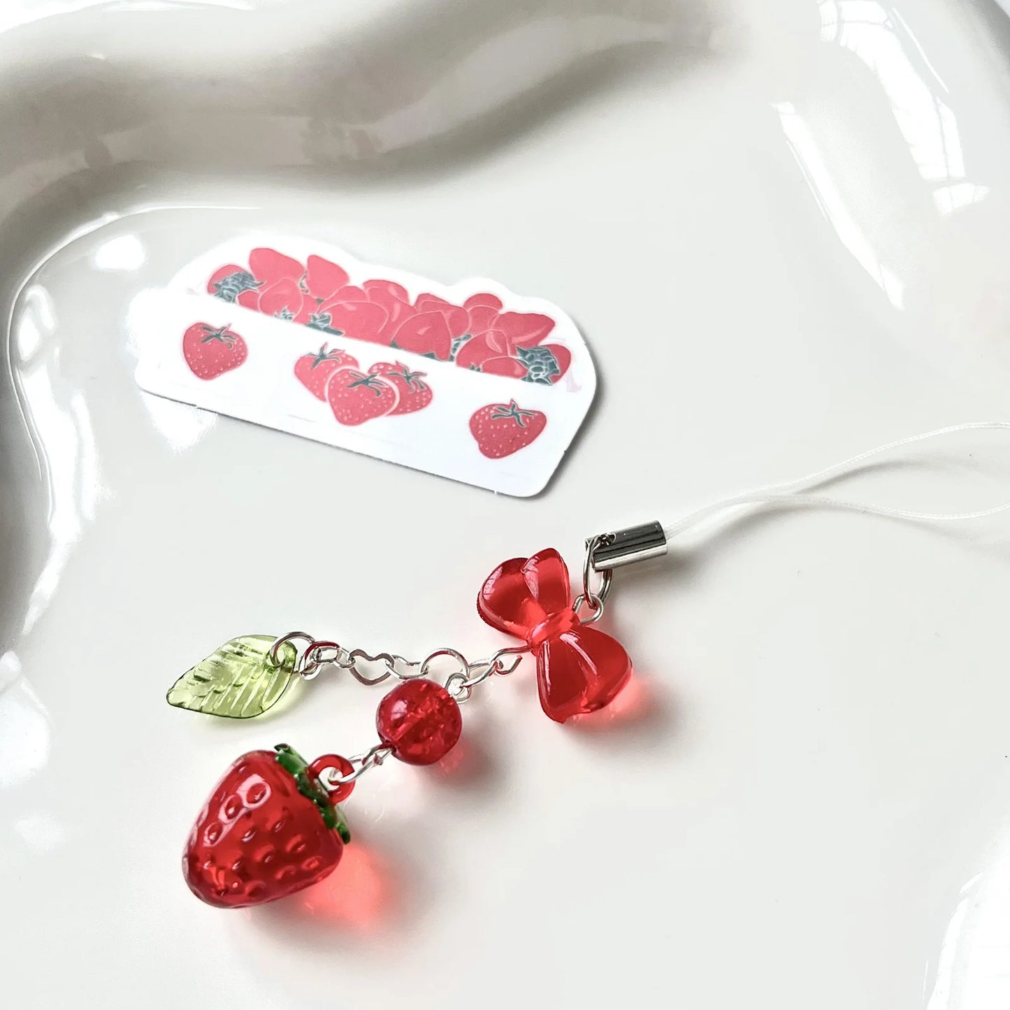 Pink cherry and strawberry phone charm lanyard for bags and airpods