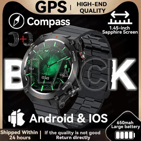 GPS smartwatch with 1.45" HD display, built-in GPS, compass, and calls