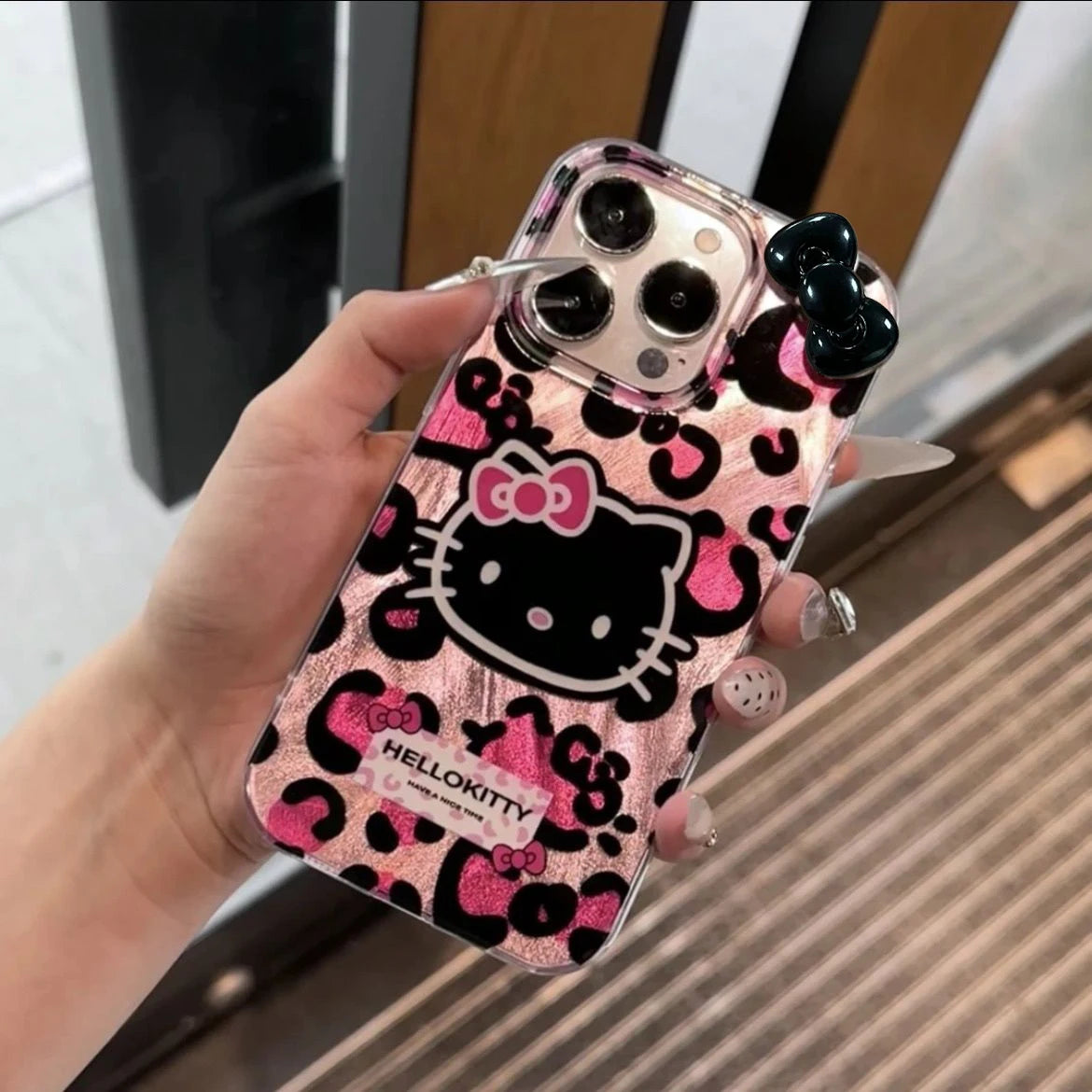 Hello Kitty pink leopard phone case for iPhone 15 14 13 12 Pro Max