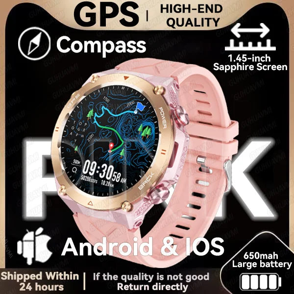 GPS smartwatch with 1.45" HD display, built-in GPS, compass, and calls