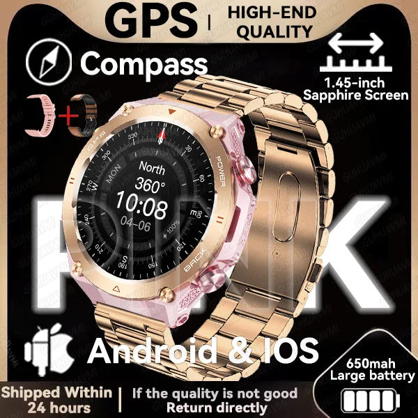 GPS smartwatch with 1.45" HD display, built-in GPS, compass, and calls