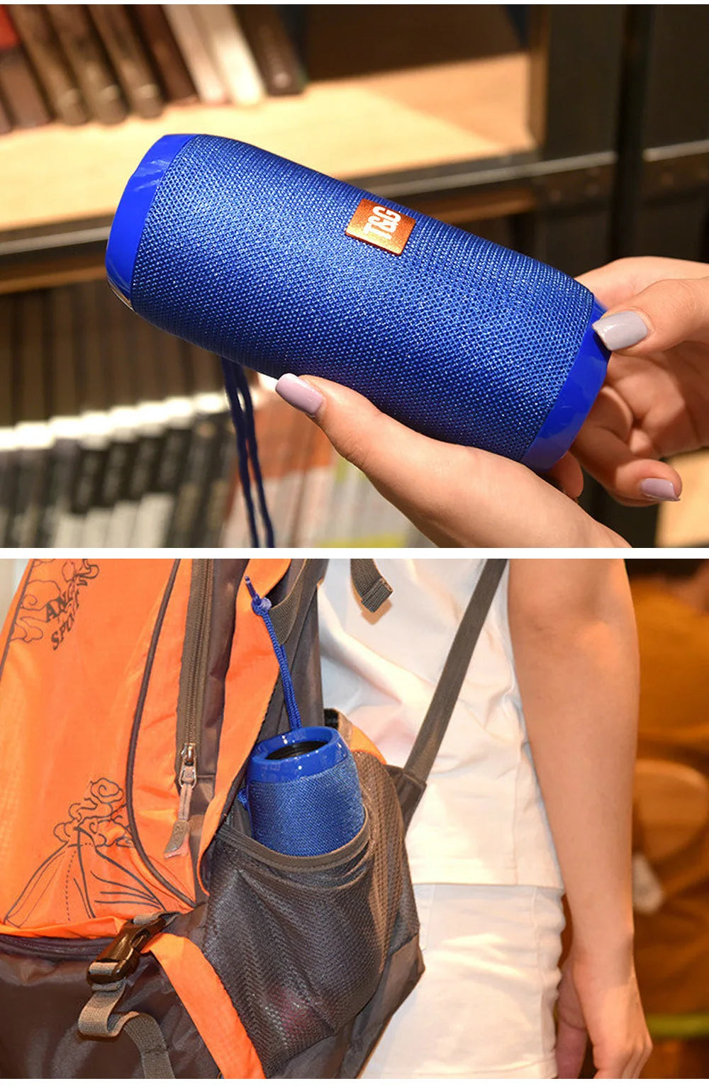 Portable bluetooth speaker with waterproof design, TWS pairing, and FM radio