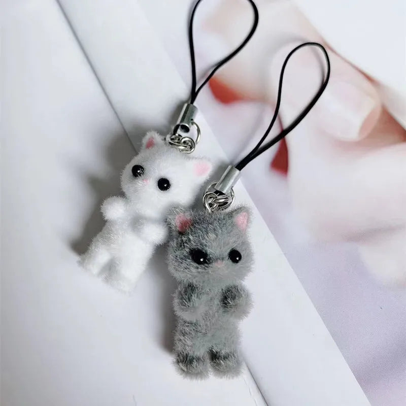 Fuzzy cat phone charm lanyard strap for mobile and keychain accessories