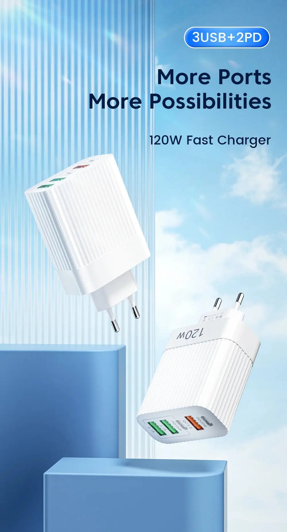 120w fast charger 5-port usb c pd qc 3.0 adapter for iphone samsung xiaomi