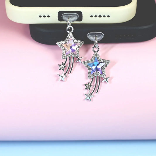 Star-shaped phone dust plug with rhinestones, fits iPhone, Samsung, Type-C