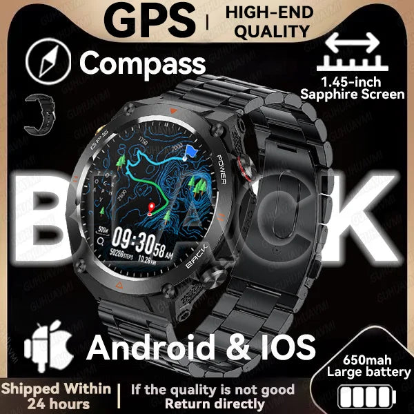 GPS smartwatch with 1.45" HD display, built-in GPS, compass, and calls