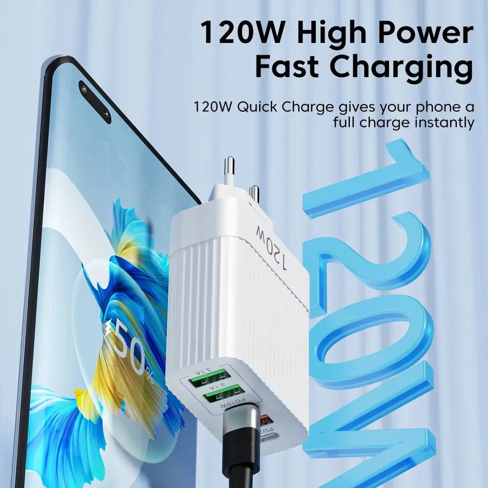 120w fast charger 5-port usb c pd qc 3.0 adapter for iphone samsung xiaomi