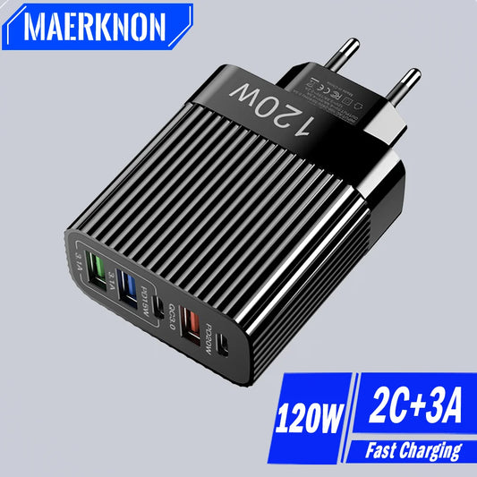 120w fast charger 5-port usb c pd qc 3.0 adapter for iphone samsung xiaomi