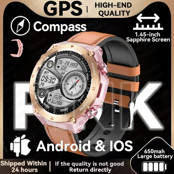 GPS smartwatch with 1.45" HD display, built-in GPS, compass, and calls