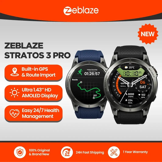 Zeblaze Stratos 3 Pro smartwatch with GPS, 1.43" AMOLED display, health tracking