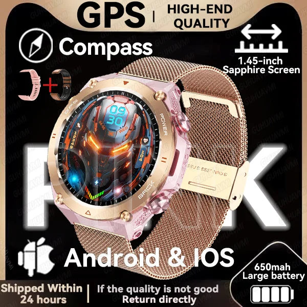 GPS smartwatch with 1.45" HD display, built-in GPS, compass, and calls