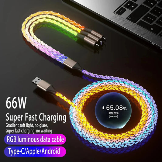 66W 3 in 1 LED RGB Flowing Light Up Charging Cable,3.3FT Colorful Gradual Glowing,Fast Charging Cord Lighting/Type C/Micro USB Cable for Phone,Samsung Galaxy,Huawei,Android,Sony Xperia Smartphones