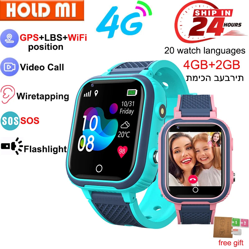 4G kids smartwatch with GPS, video call, SOS, waterproof, and camera