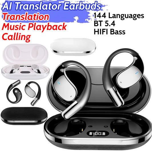 AI translator earbuds with 144 languages, hifi bass, bluetooth 5.4, open ear