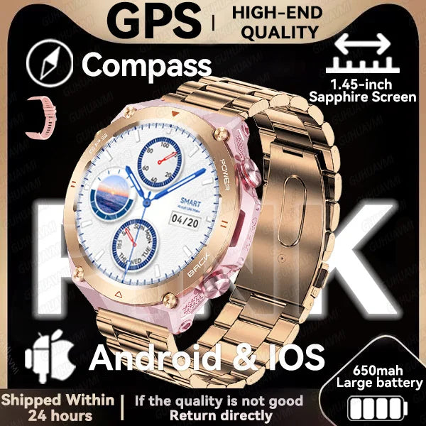 GPS smartwatch with 1.45" HD display, built-in GPS, compass, and calls