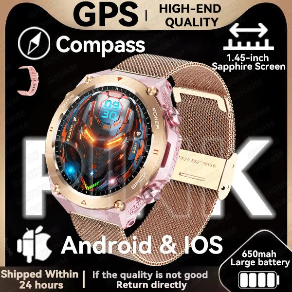 GPS smartwatch with 1.45" HD display, built-in GPS, compass, and calls