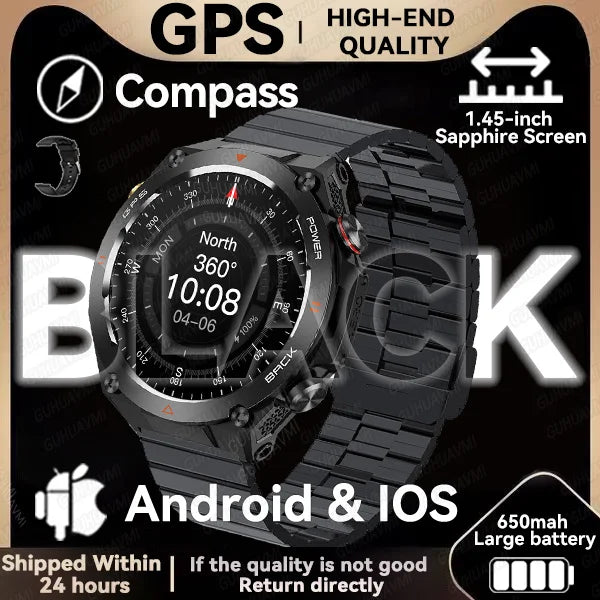 GPS smartwatch with 1.45" HD display, built-in GPS, compass, and calls