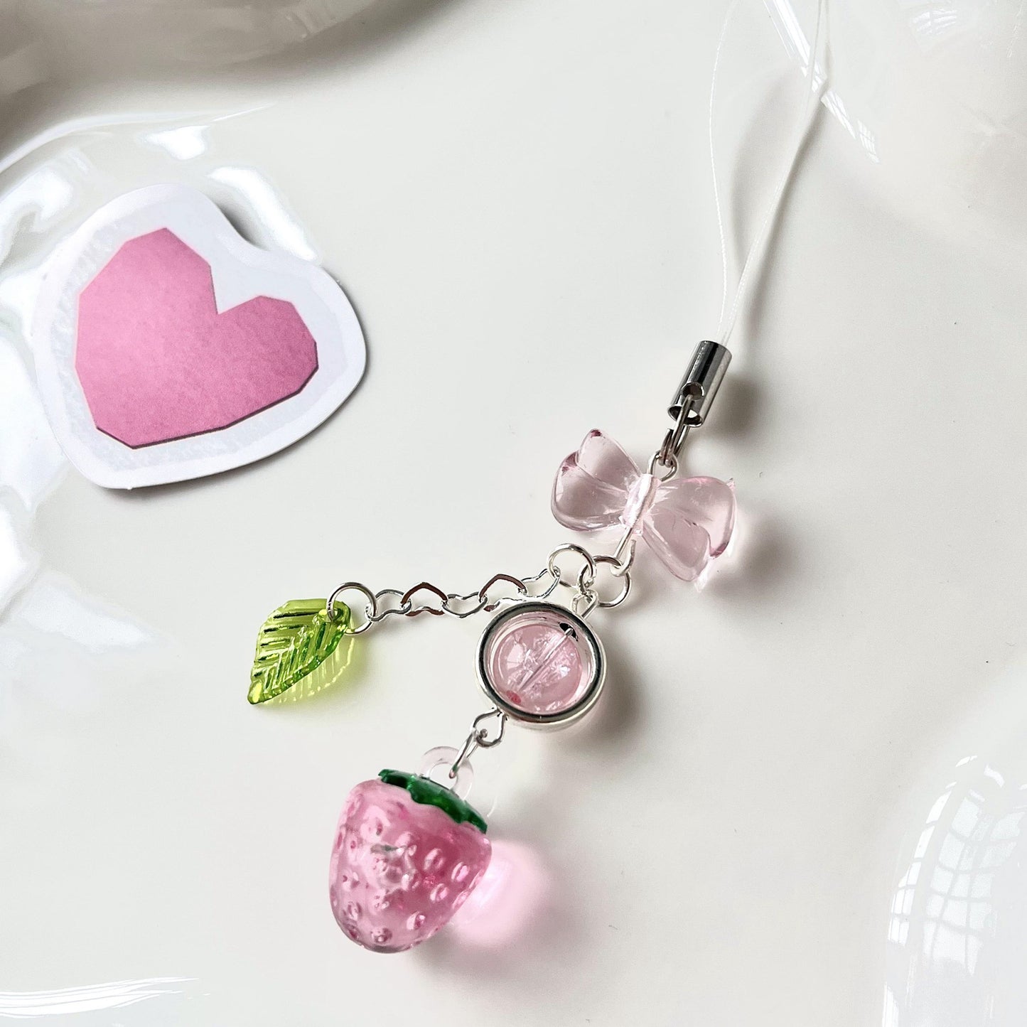 Pink cherry and strawberry phone charm lanyard for bags and airpods