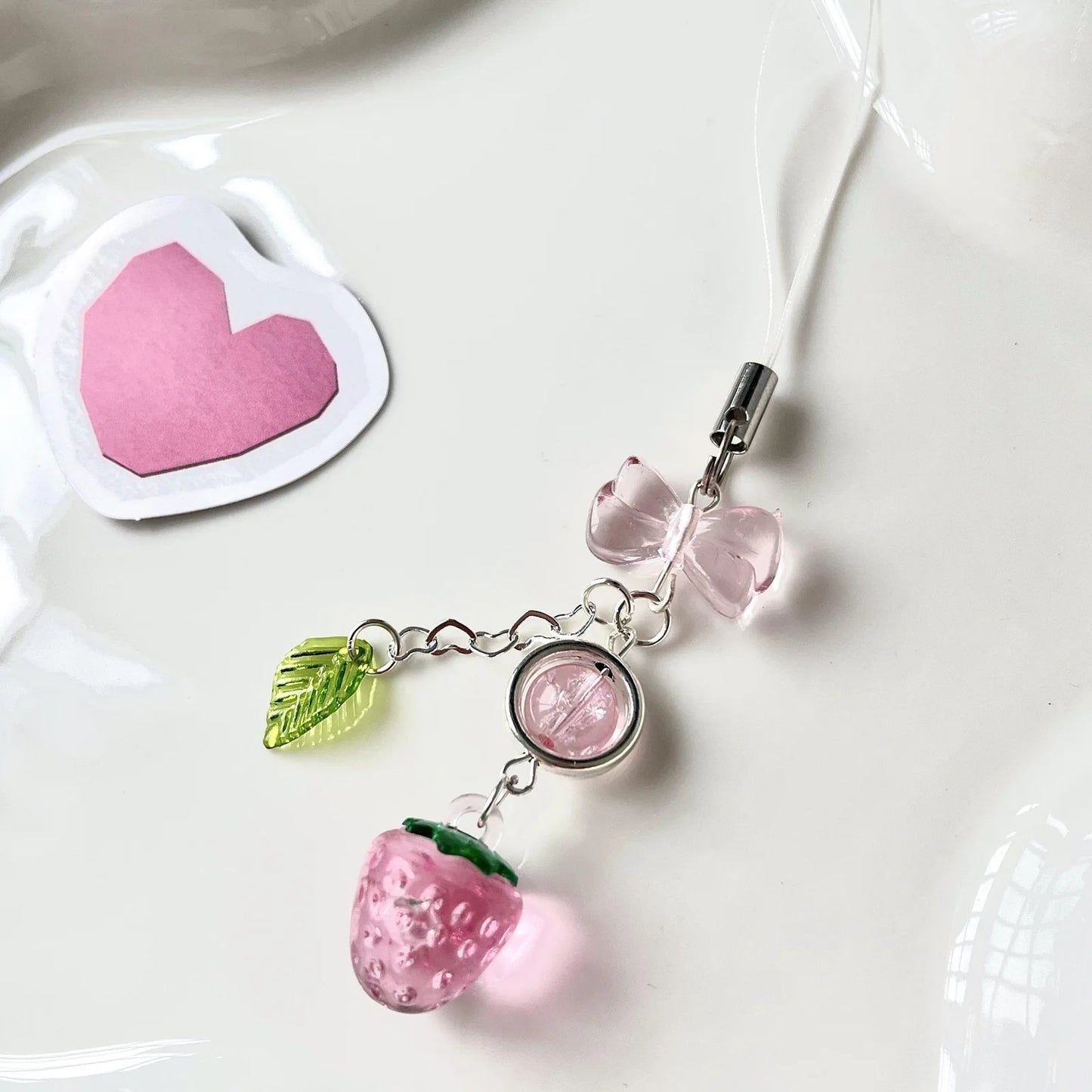 Pink cherry and strawberry phone charm lanyard for bags and airpods