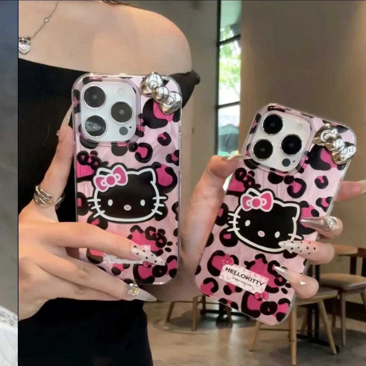 Hello Kitty pink leopard phone case for iPhone 15 14 13 12 Pro Max