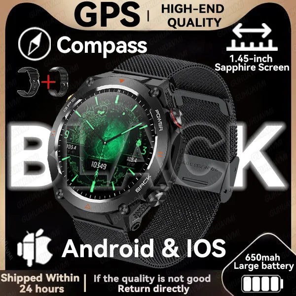 GPS smartwatch with 1.45" HD display, built-in GPS, compass, and calls