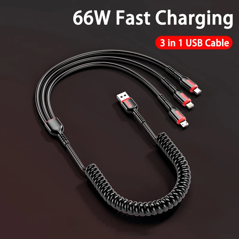 3 in 1 fast charging cable 66w usb type-c micro usb for iphone samsung