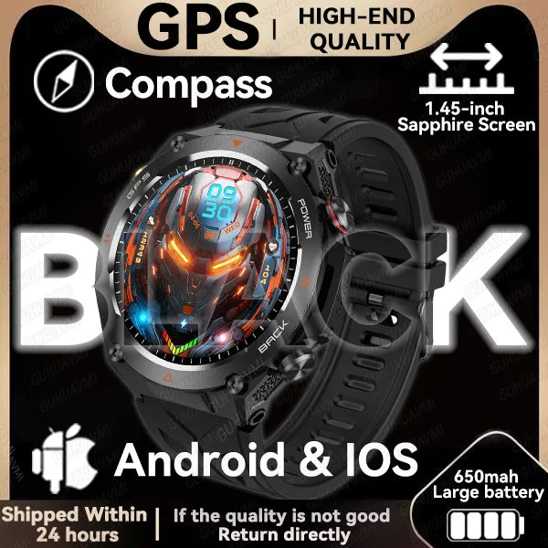 GPS smartwatch with 1.45" HD display, built-in GPS, compass, and calls