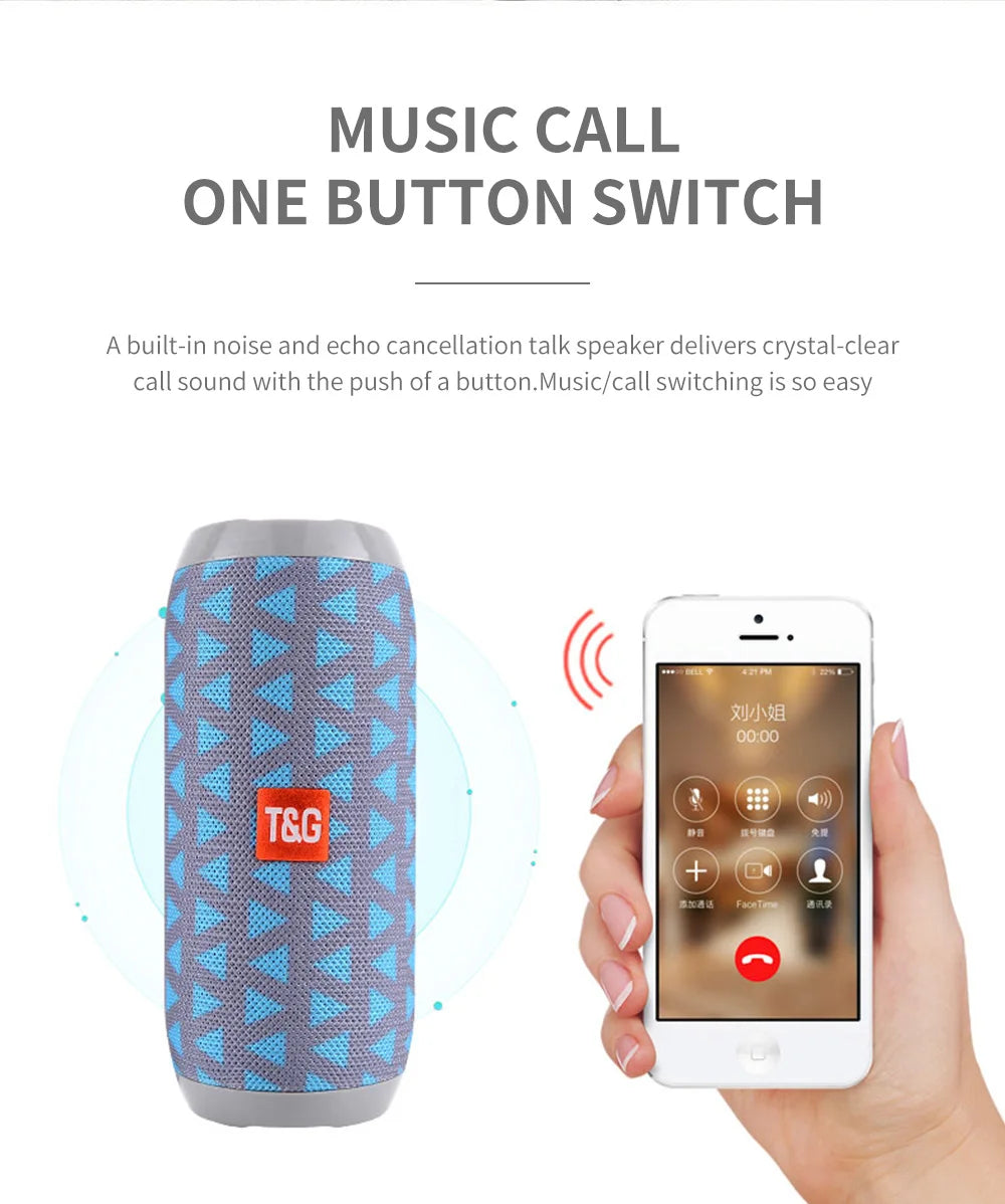 Portable bluetooth speaker with waterproof design, TWS pairing, and FM radio