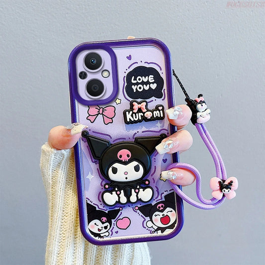 3D Strawberry Bear Kuromi Wrist Strap Case For iPhone 15 Pro Max 14 Plus 13 12 11 X Xr Xs 8 7 6s Mini SE Cute Soft Cover