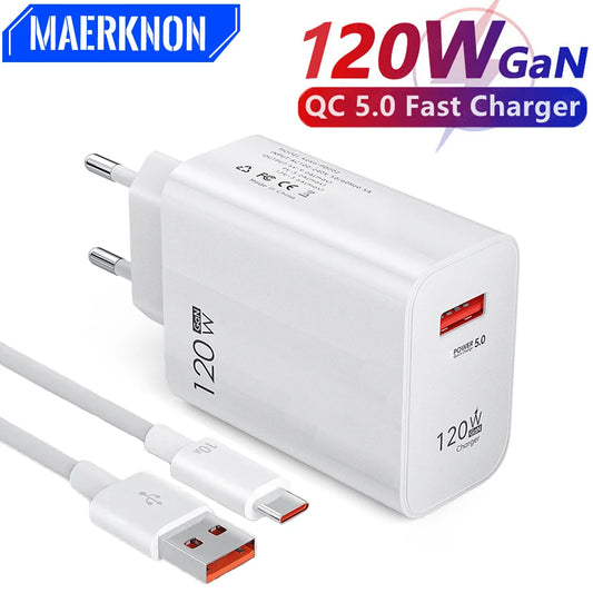 120w gan fast charger qc 5.0 with 6a usb-c cable for xiaomi and redmi