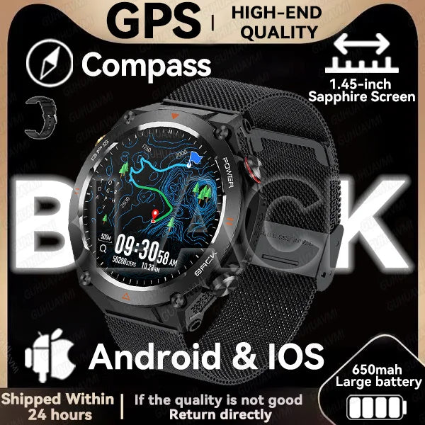 GPS smartwatch with 1.45" HD display, built-in GPS, compass, and calls