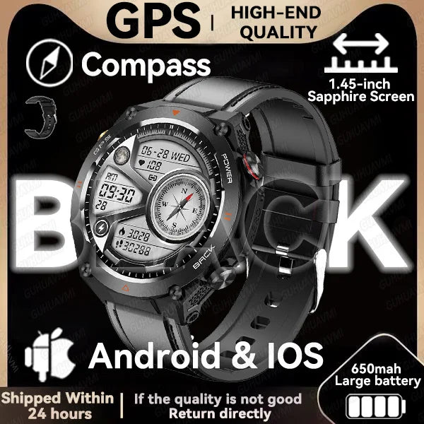 GPS smartwatch with 1.45" HD display, built-in GPS, compass, and calls