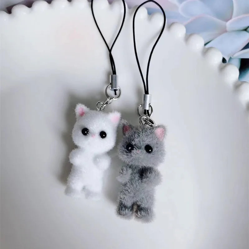 Fuzzy cat phone charm lanyard strap for mobile and keychain accessories