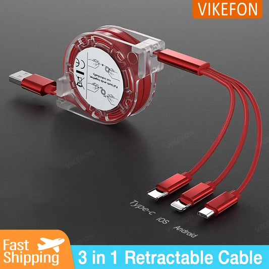 3 in 1 retractable charging cable with lightning, type-c, micro usb ports