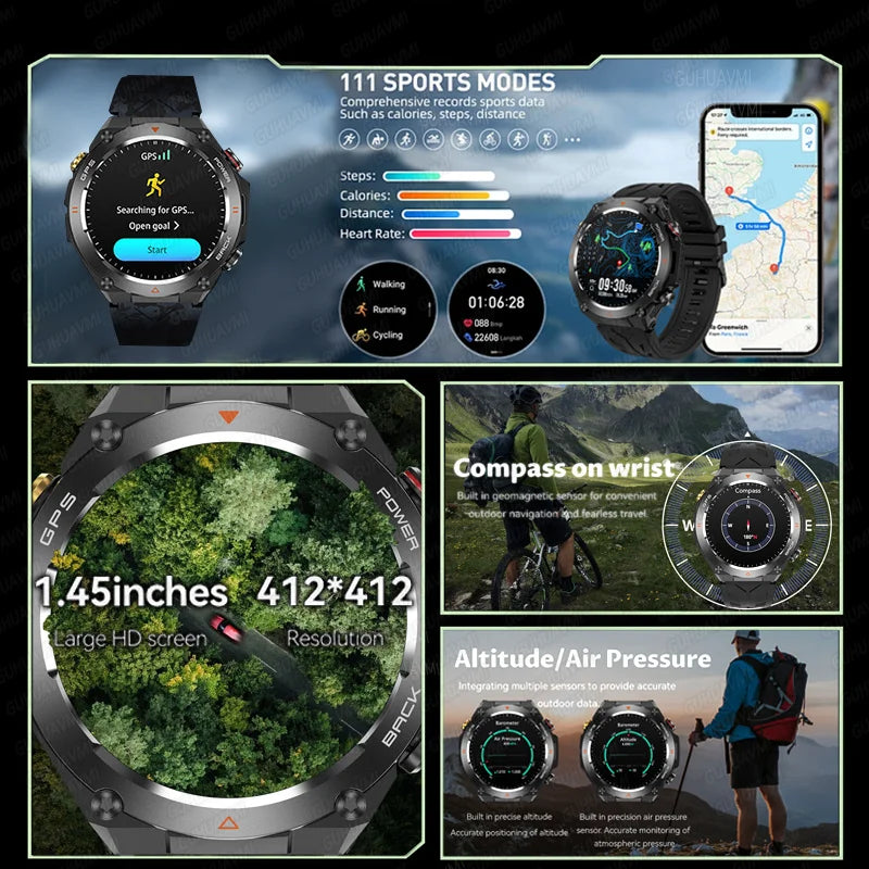 GPS smartwatch with 1.45" HD display, built-in GPS, compass, and calls