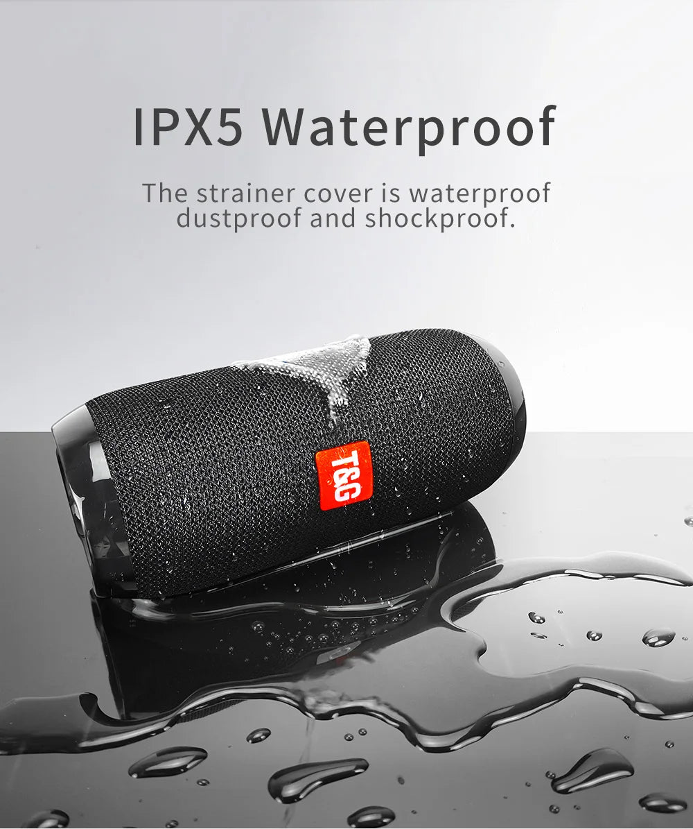 Portable bluetooth speaker with waterproof design, TWS pairing, and FM radio