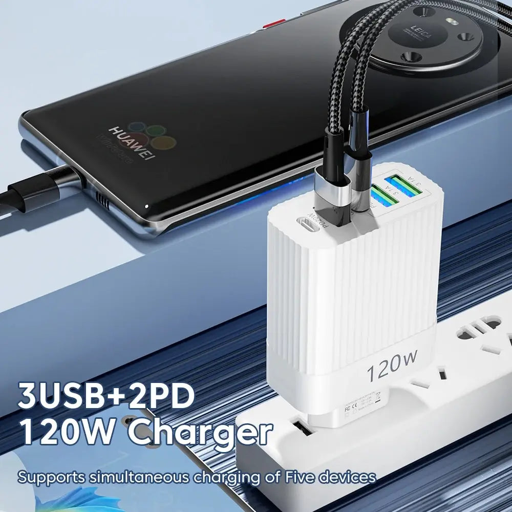 120w fast charger 5-port usb c pd qc 3.0 adapter for iphone samsung xiaomi