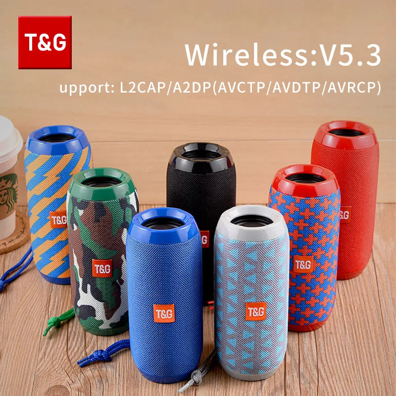 Portable bluetooth speaker with waterproof design, TWS pairing, and FM radio