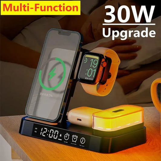 3 in 1 30W Wireless Charger Stand with Alarm Clock Night Light Fast Charging Dock for iPhone Samsung Galaxy Watch IWatch