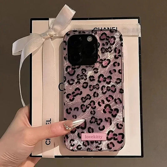 Pink leopard phone case for iphone 14 pro max, durable tinfoil design